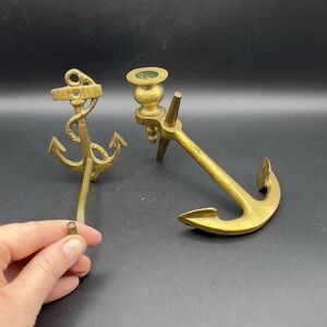 Set Of 2 Brass Anchor Ship Boat Candlestick Holder & Hook Nautical
